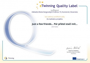 Certifikát kvality eTwinning pre žiakov 2.A triedy