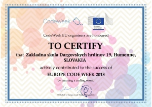 EU Code Week 2018 – certifikát za podujatie „Scratch v našej škole“